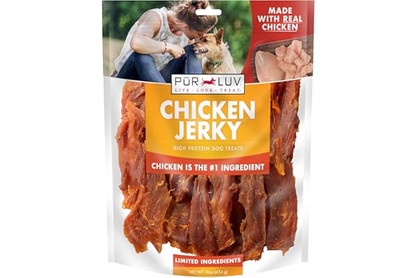 Pur Luv Chicken Jerky Dog Treats, Made with 100% Real Chicken Breast, 16 Ounces, Healthy, Easily Digestible, Long-Lasting, High Protein, Satisfies Dog's Urge to Chew