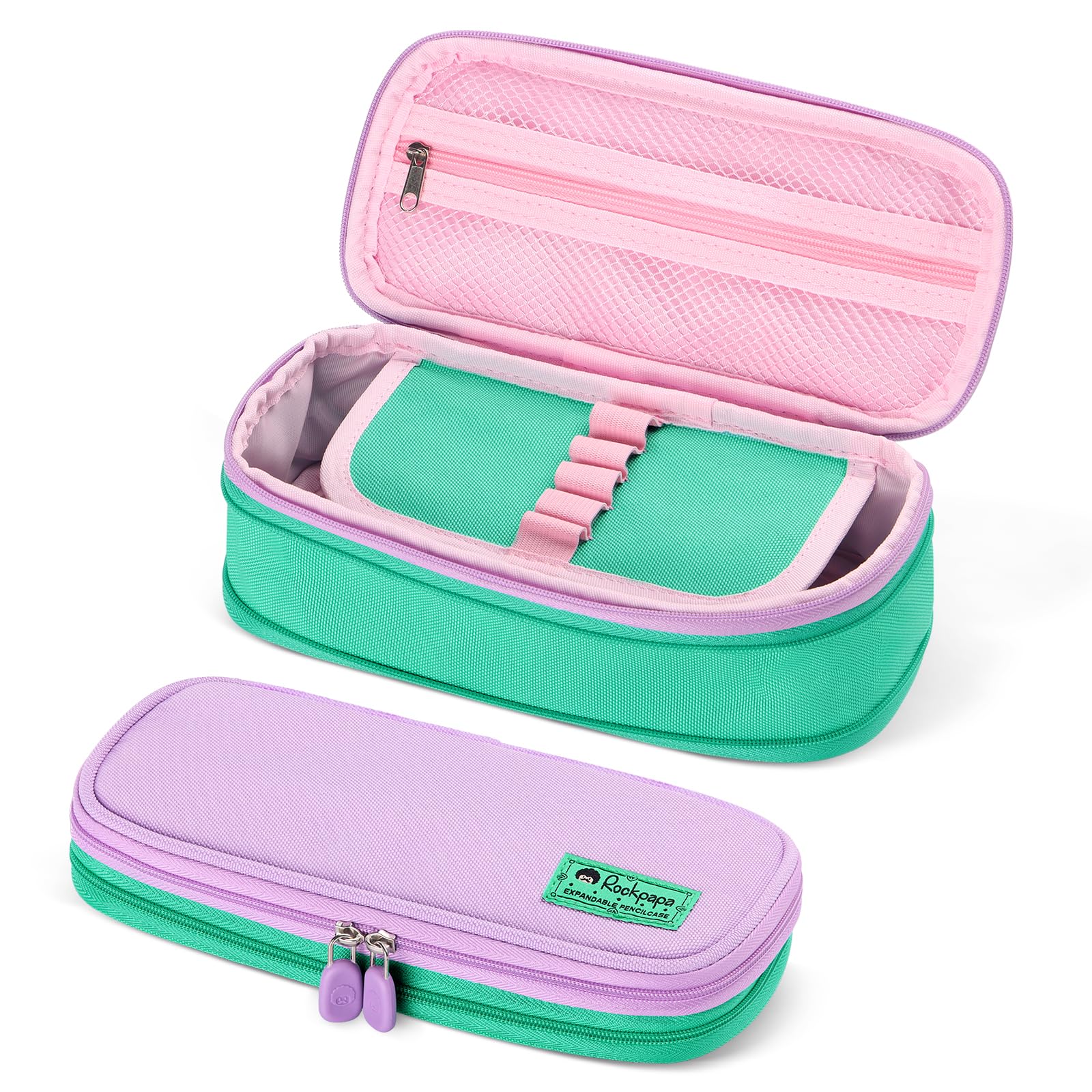 rockpapa Expandable Cute Pencil Case for Girls, Aesthetic Pencil Case with Compartments, Pencil Pouch with Zipper for Kids, Pencil Box Bag Holder Organizer for School Green Purple