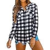 Oyamiki Womens Casual Cuffed Long Sleeve Boyfriend Button Down Plaid Flannel Shirt Tops