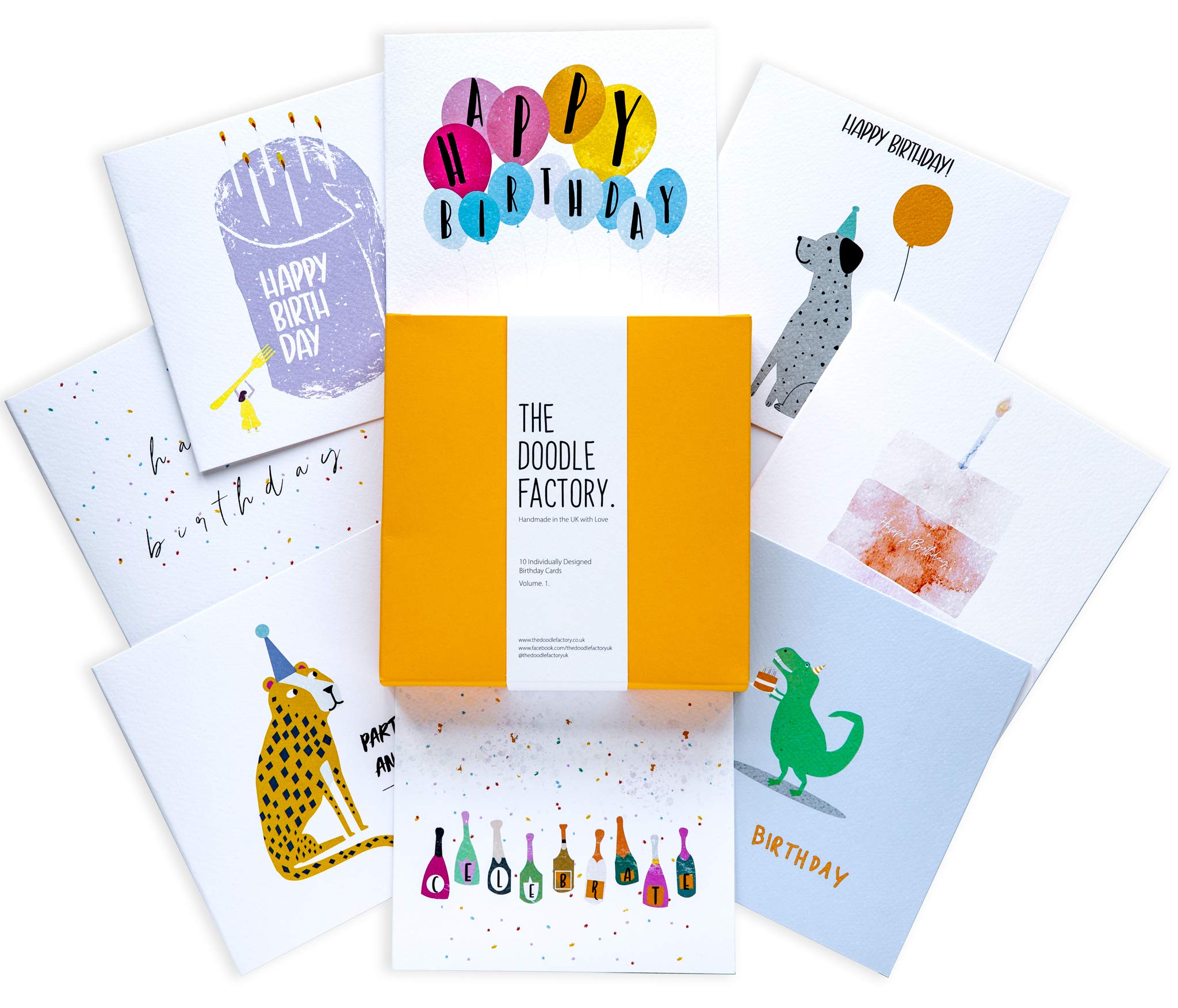 10 Birthday Cards Multipack | Eco Friendly Made in The UK on 100% Recyclable Paper | The Doodle Factory Birthday Cards for Women Men and Children Designed and Made in The UK