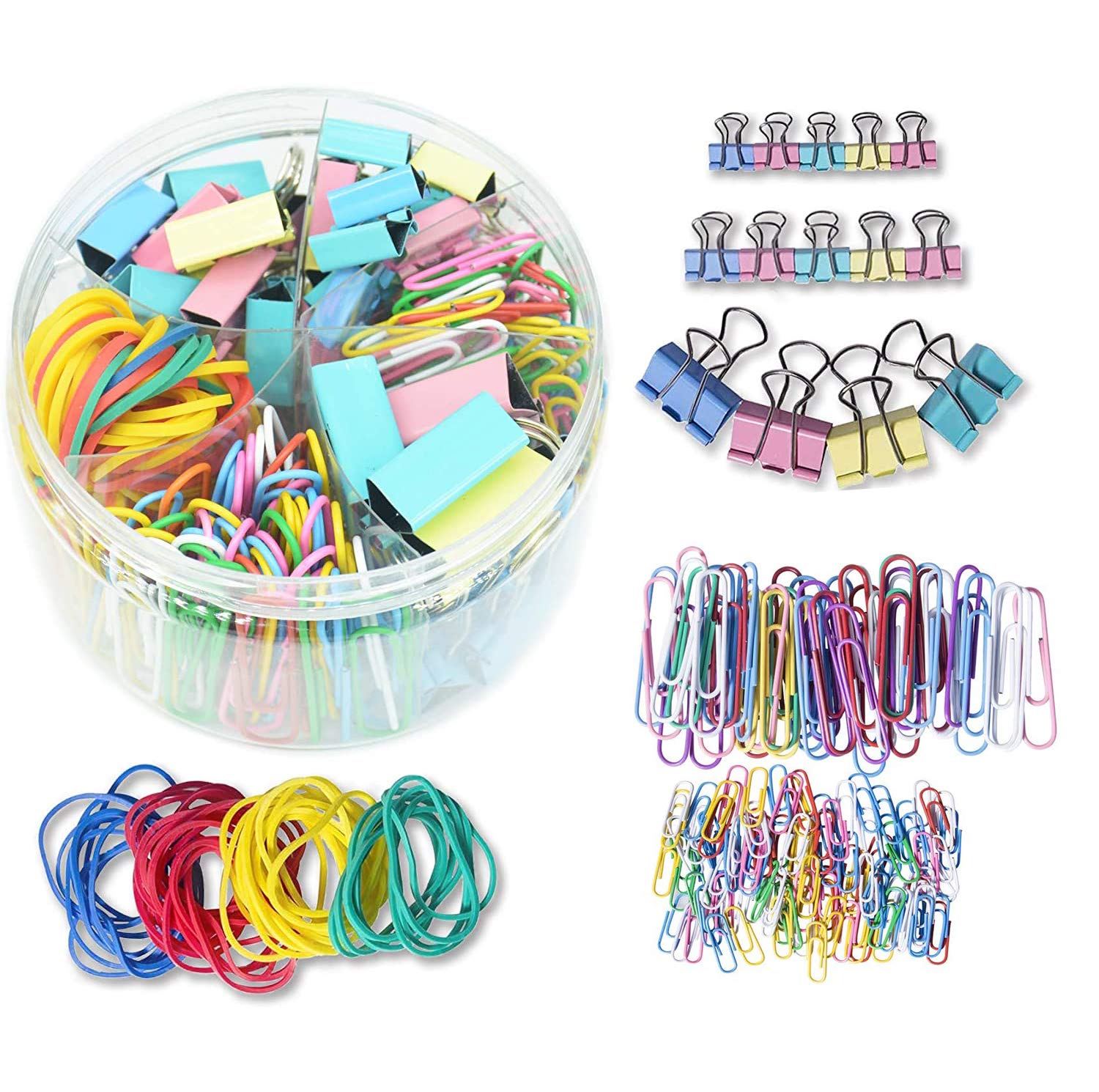 Binder Clips, Paper Clips, Rubber Bands, Paper Clamps - Muticolor Office Clips Set - 3 Sizes Binder Clips, 2 Sizes Paper Clips, 4 Colors Rubber Bands for Office, School Supplies (240 Pcs)