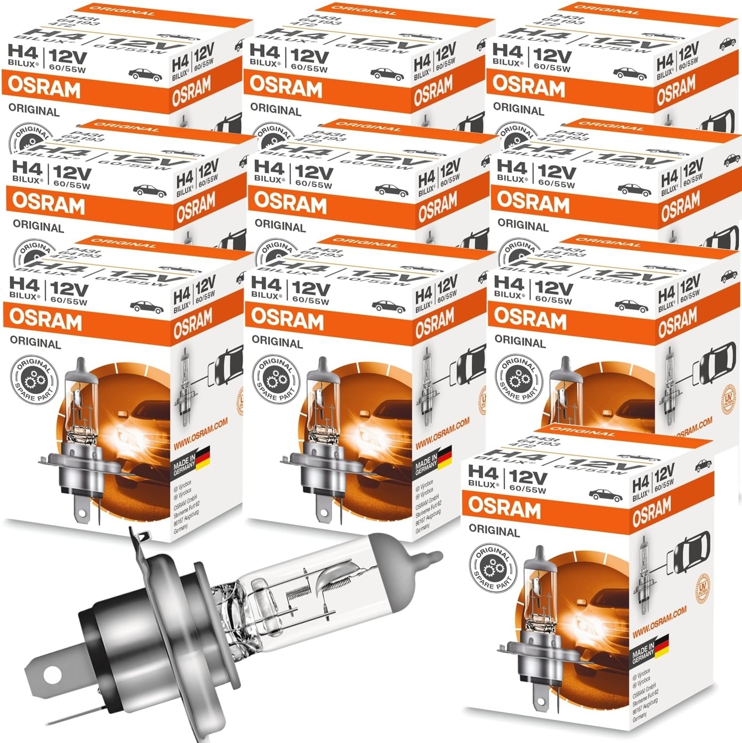 Osram H4 Original 60/55 Watt 12 Volt Car Bilux Car Bulb Light Front Pack of 10, White