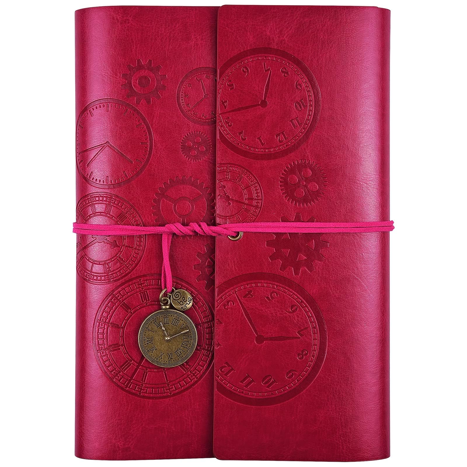 Leather Journal Notebook, Refillable Notebook with Lined Pages Vintage Writing Travelers Notebook Spiral Bound Journal, Gift for Men and Women Classic Embossed Retro Pendants 23x16.5cm（A5, Rose Red)