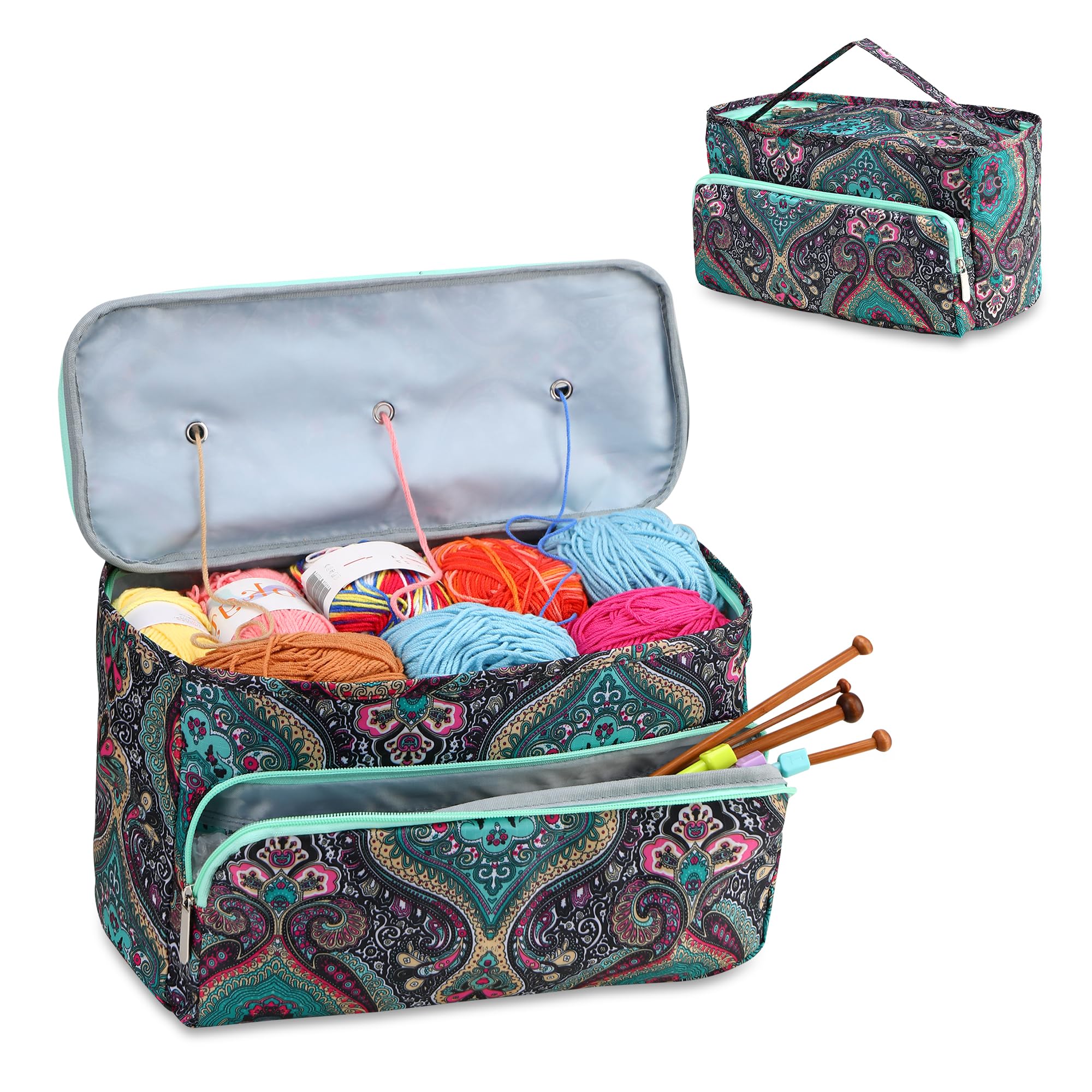 JOZEA Knitting Bags and Knitting Organizers-Wool Storage Organiser for Women, Crochet Gifts for Crochet Lovers, 3 Grommets Craft Bags with Compartments （Cashew Flower）