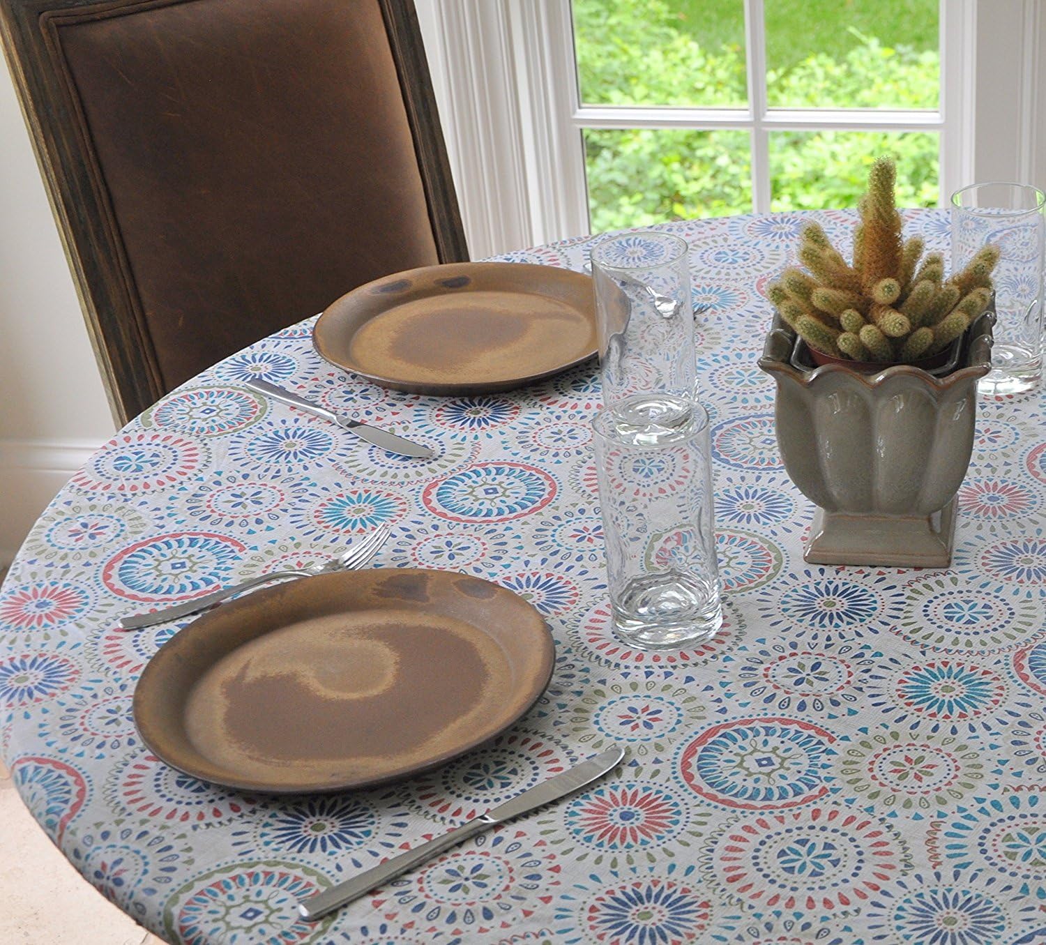 Covers For The Home Elastic Edged Flannel Backed Vinyl Fitted Table Cover - Multi-Color Geometric Pattern - Large Round - Fits Tables up to 45″ - 56” Diameter: Home & Kitchen
