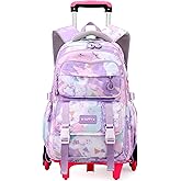 NIWEIYA Kids Rolling Backpack for Girls School Backpack with Wheels for Girls Wheeled Bookbags Roller Trolley Bags for Primary Students, 6-Wheel Purple