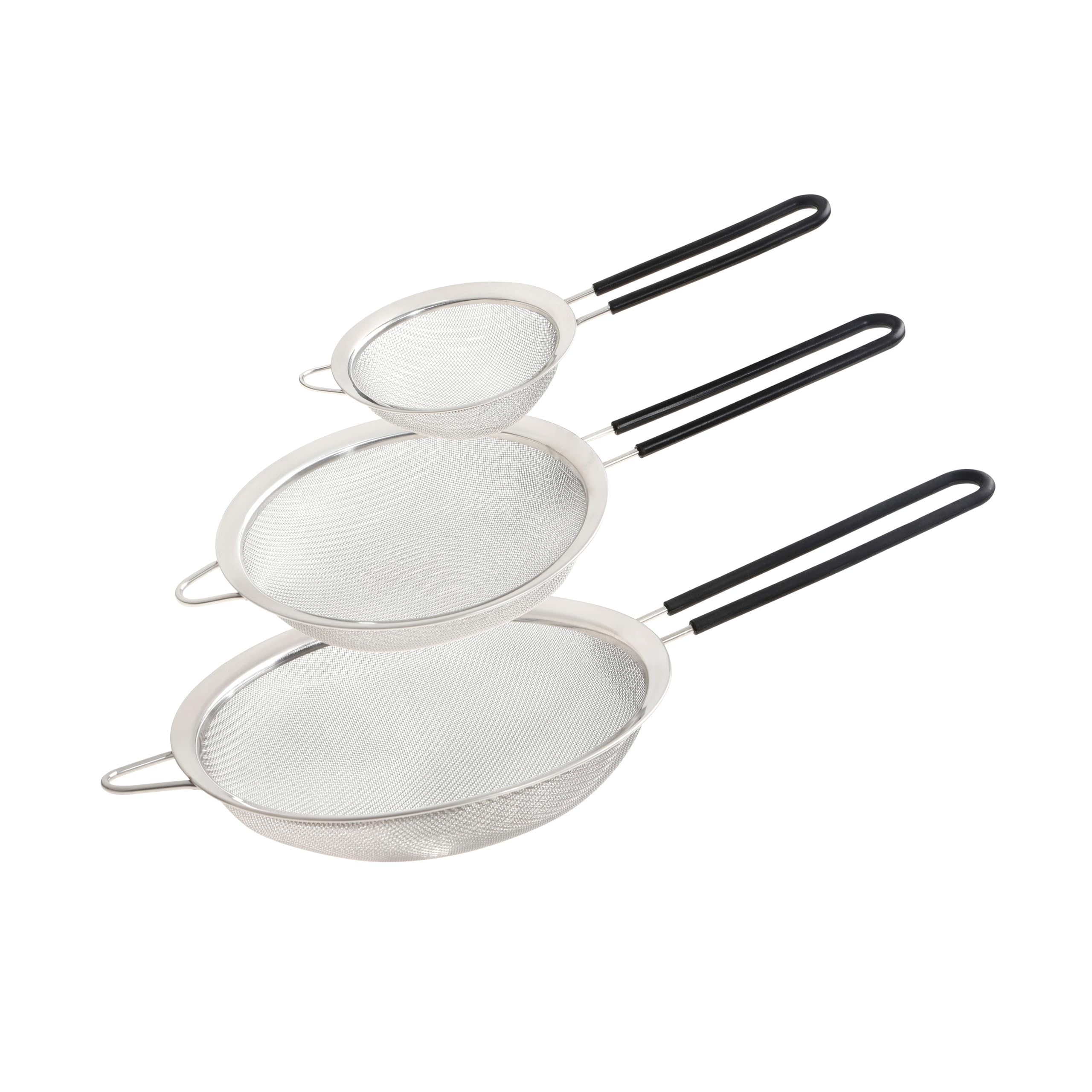 Wiltshire Set of 3 Sieves, Stainless Steel Fine Wire Mesh Strainer with Non-Slip Silicone Coated Handle, Colander & Sifter, Sift Strain Drain & Rinse, 10cm 15cm & 20cm, Dishwasher Safe, Midnight Black
