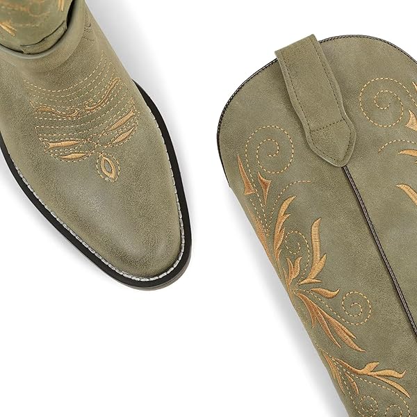 GPXGPX COWBOY BOOTS EMBROIDERED COWGIRL BOOTS WOMEN MID CALF, WITH REMOVABLE BELT LOW BLOCK HEEL ROUND TOE WESTERN BOOTS GREEN 9