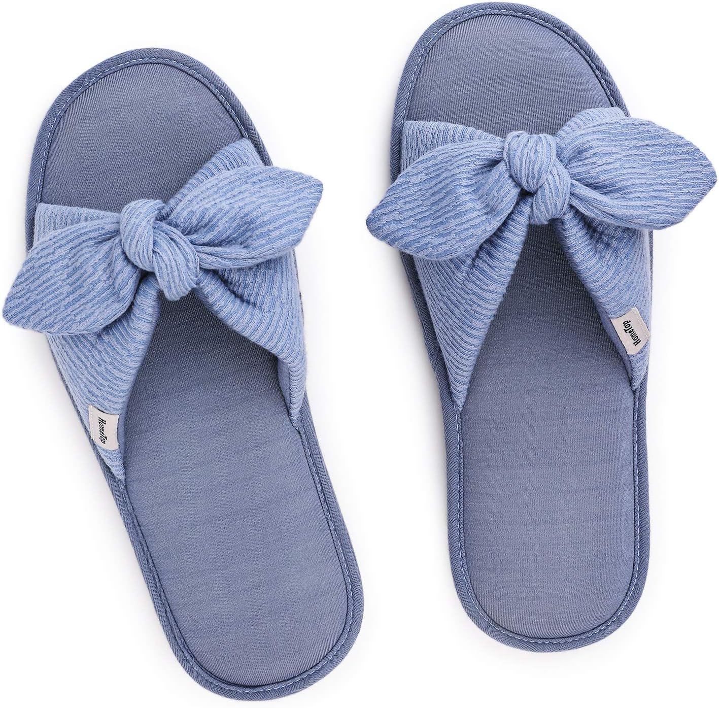 HomeTop Women's Cotton Knit Memory Foam Open Toe Slippers with Fashion Bow Decor