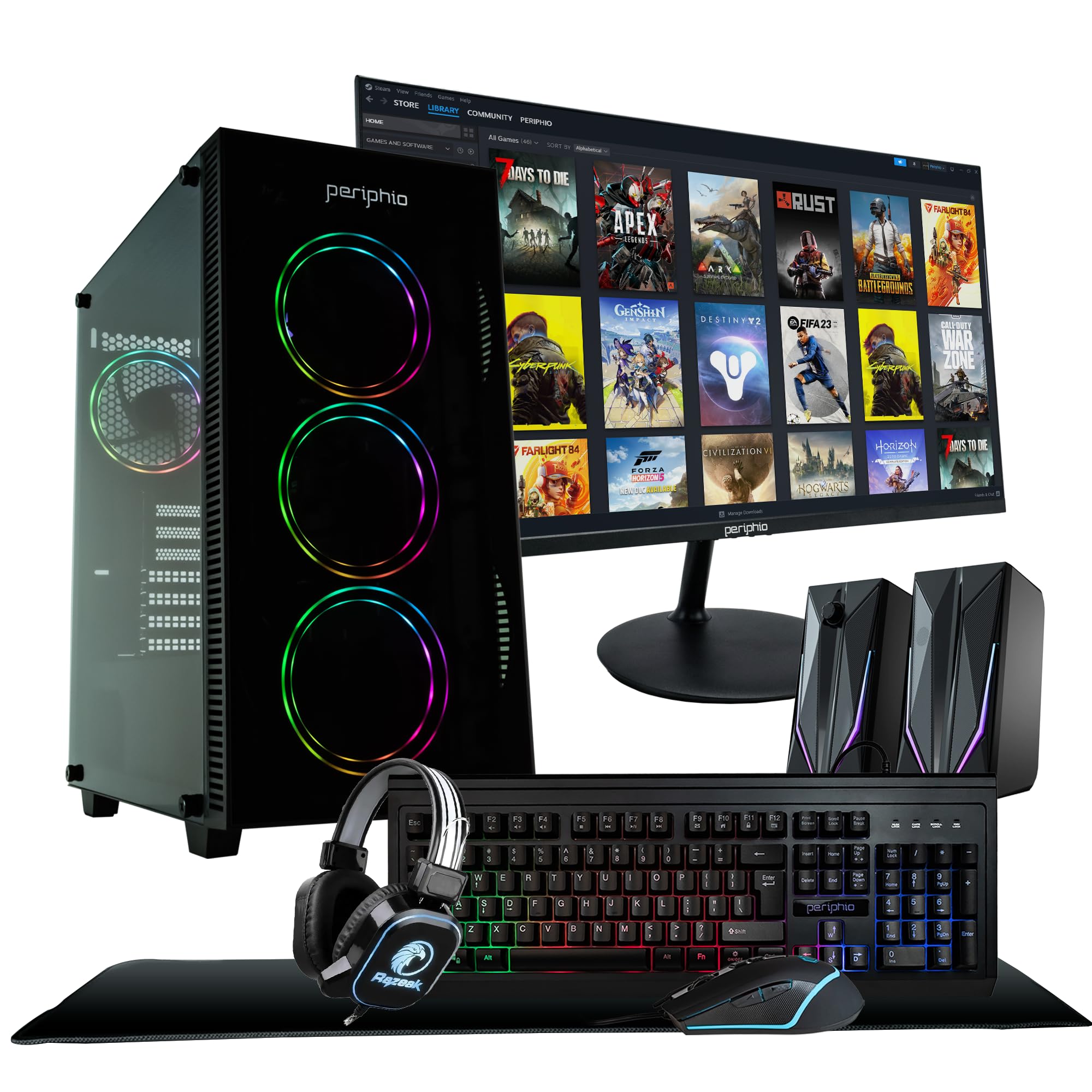 Periphio Terra Gaming PC Computer, AMD Ryzen 5 5600GT up to 4.6GHz with Radeon Vega 7 Graphics, 16GB RAM, 1TBNVMe SSD, WiFi, Windows 11, Black, 1080p Gaming Desktop - RGB Gamer Bundle, 24" Monitor