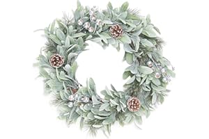 CARACALEAP Flocked Winter Wreaths for Front Door 22", Artificial Christmas Winter Door Wreath with Hook Sliver Berries Pine Cones Wreath, Front Door Lambs Ear Wreaths for Indoor Outdoor Home Décor