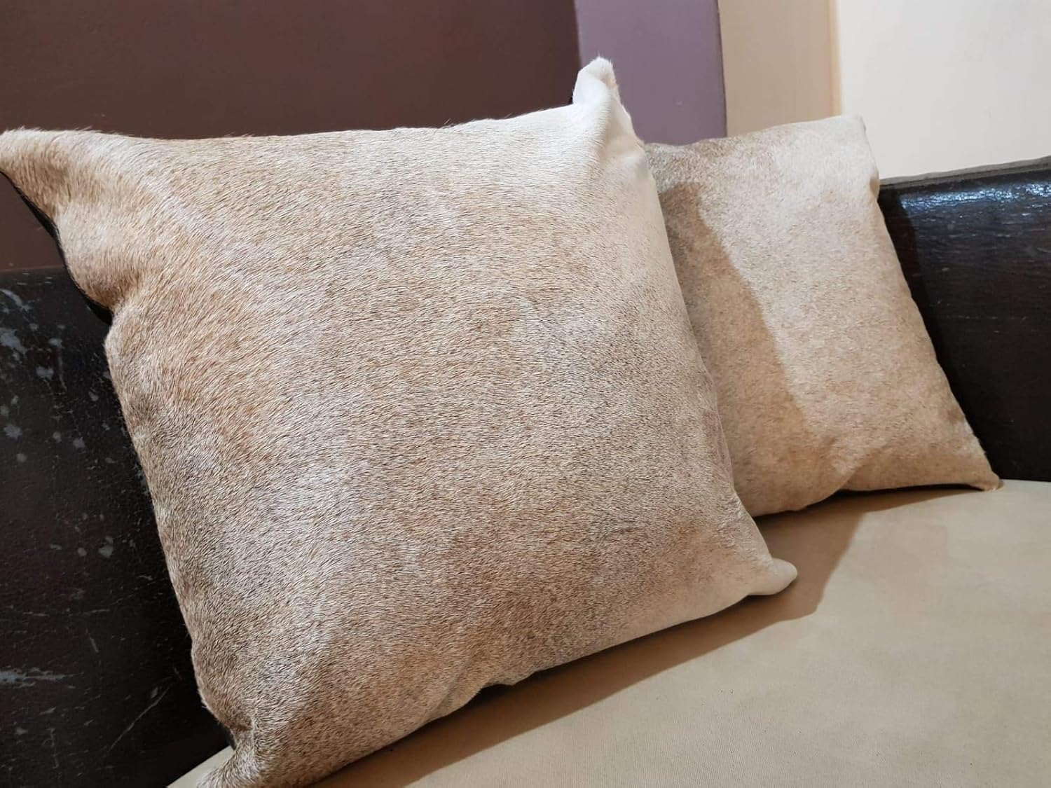 Cowhide Cushion Cover Single Sided Hair On Leather Beige Brown 16x16 in Set of 2 Cowhide Pillow Cover Genuine Cow Hide Throw Pillow Cover Western Pillow Case Animal Print Pillow Decorative Print Decor