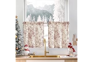 jinchan Floral Linen Tier Curtains Floral Brick Red on Beige Christmas Decorations Cafe Curtains 24 Inch Length Kitchen Living Room Bedroom Bathroom Farmhouse Rustic Country Rod Pocket 2 Panels