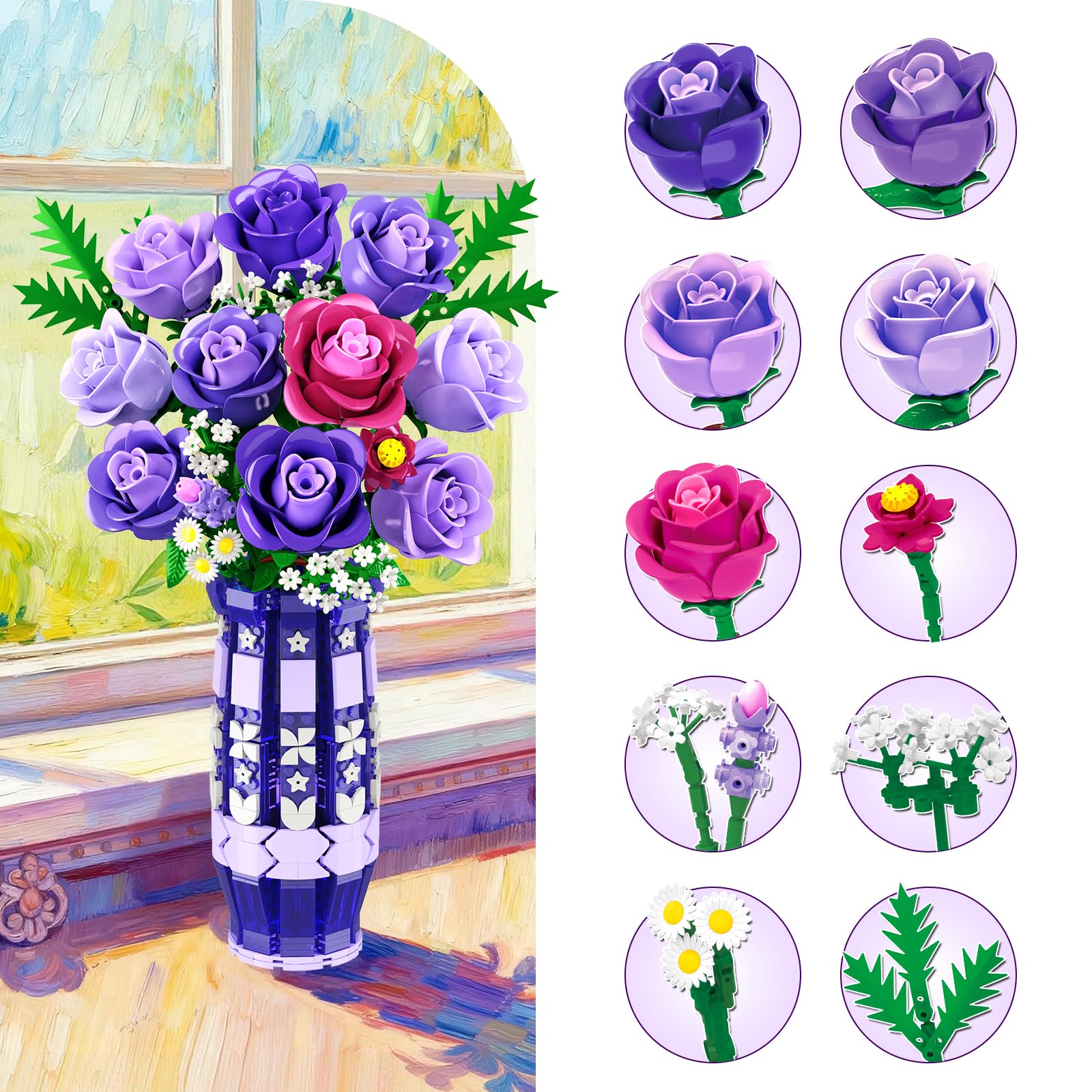 CUBIMANA Lila Rosen Blumen-Bauset mit Vase und LED-Licht, 17 Mini-Blumenstrauß-Bausteine, künstliche Blumen für Zuhause und Büro, Geschenk für Erwachsene, Frauen und Mädchen ab 12 Jahren 8