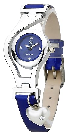 DK Heart Pearl Dangle Silver Case Blue Leather Strap Analogue Wrist Watch For Girls /Womens _dk1368