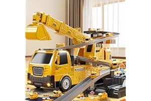 NIPLOOOW 2 in 1 Construction Cranes Truck Toy Playset, Engineering Excavator Track Set with Crane, Excavator, Track, Transport Vehicles, Sound & Light, Gift for Age 3 4 5 6 Years Old Boys Girls
