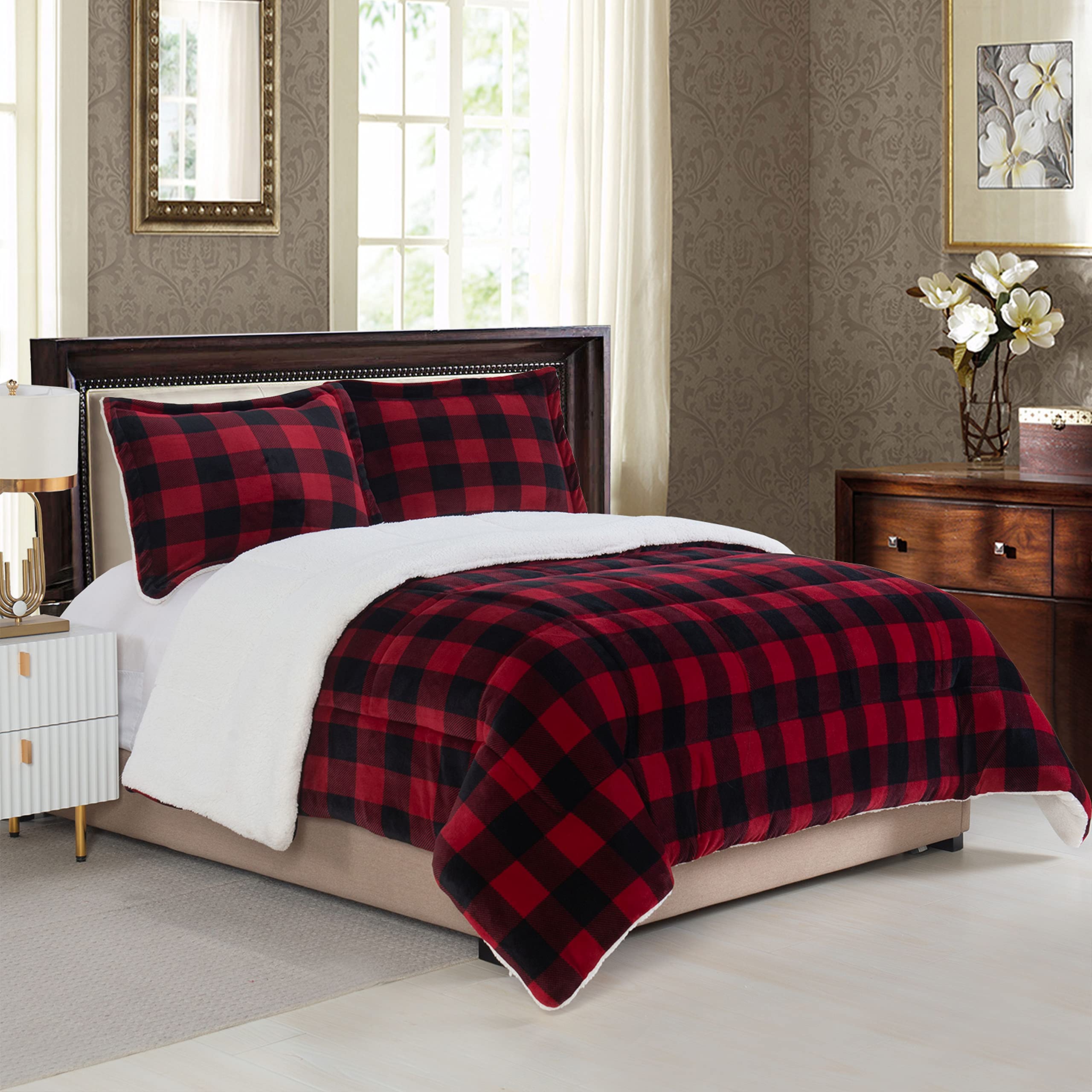 Elegant Comfort Softest, Coziest Premium Quality Heavy Weight Micromink Sherpa-Backing Reversible Down Alternative Micro-Suede 3-Piece Comforter Set, King, Buffalo Plaid, Burgundy/Black Image