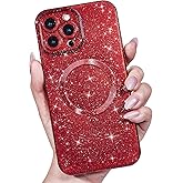 LoeoeL for iPhone 16 Pro Max Case Glitter Compatible with Magsafe, Girly Cute Sparkly Magnetic Mag Safe Pretty Phone Case for Women, Bedazzled Bling Sparkle Slim Bright Silicone Rubber, Red Wine