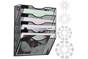 LEKETREE Hanging Wall File Organizer with Office Assorted, 5 Pockets Mesh Wall Mounted Hanging File Folders, Mail Organizer, Holder Rack for Mail, Paper, Document, Binder, Magazine, Menu (Black)