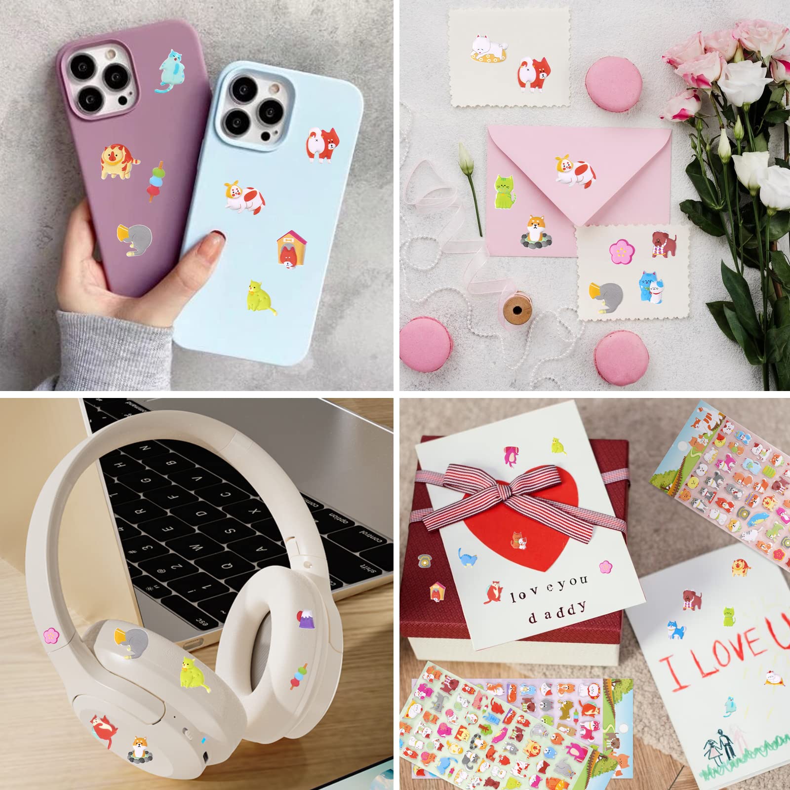 SHANGRLA Cat and Dog Puffy Stickers for Kids, Girls - 3D Puff Puppy Kitten Pet for Adults, Teens - Cute Small Dog Cat Face for Phone Case, Stationery, Albums - 4 Sheets