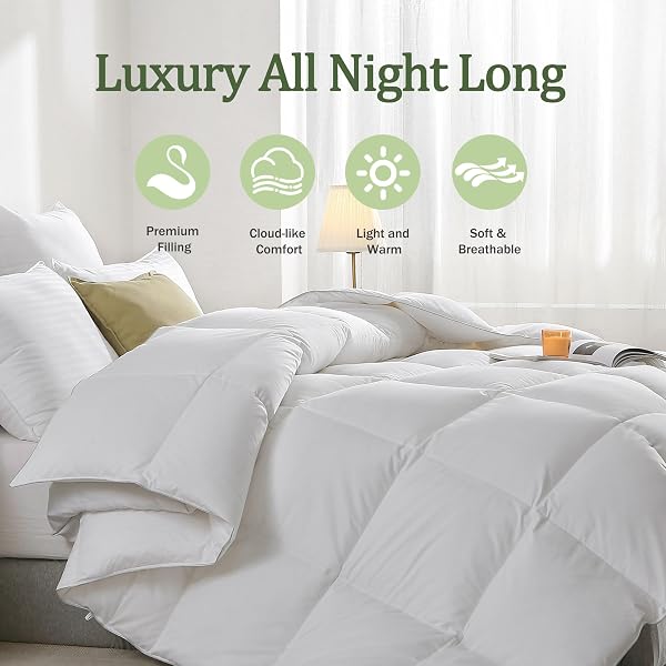 TOPGREEN FEATHER DOWN FIBER COMFORTER CALIFORNIA KING, EXTRA FLUFFY DUVET INSERT FOR ALL SEASON, LUXURY HOTEL BED COMFORTERS, WITH ULTRA-SOFT EGYPTIAN COTTON BLEND CASE (104X96 INCH, WHITE)