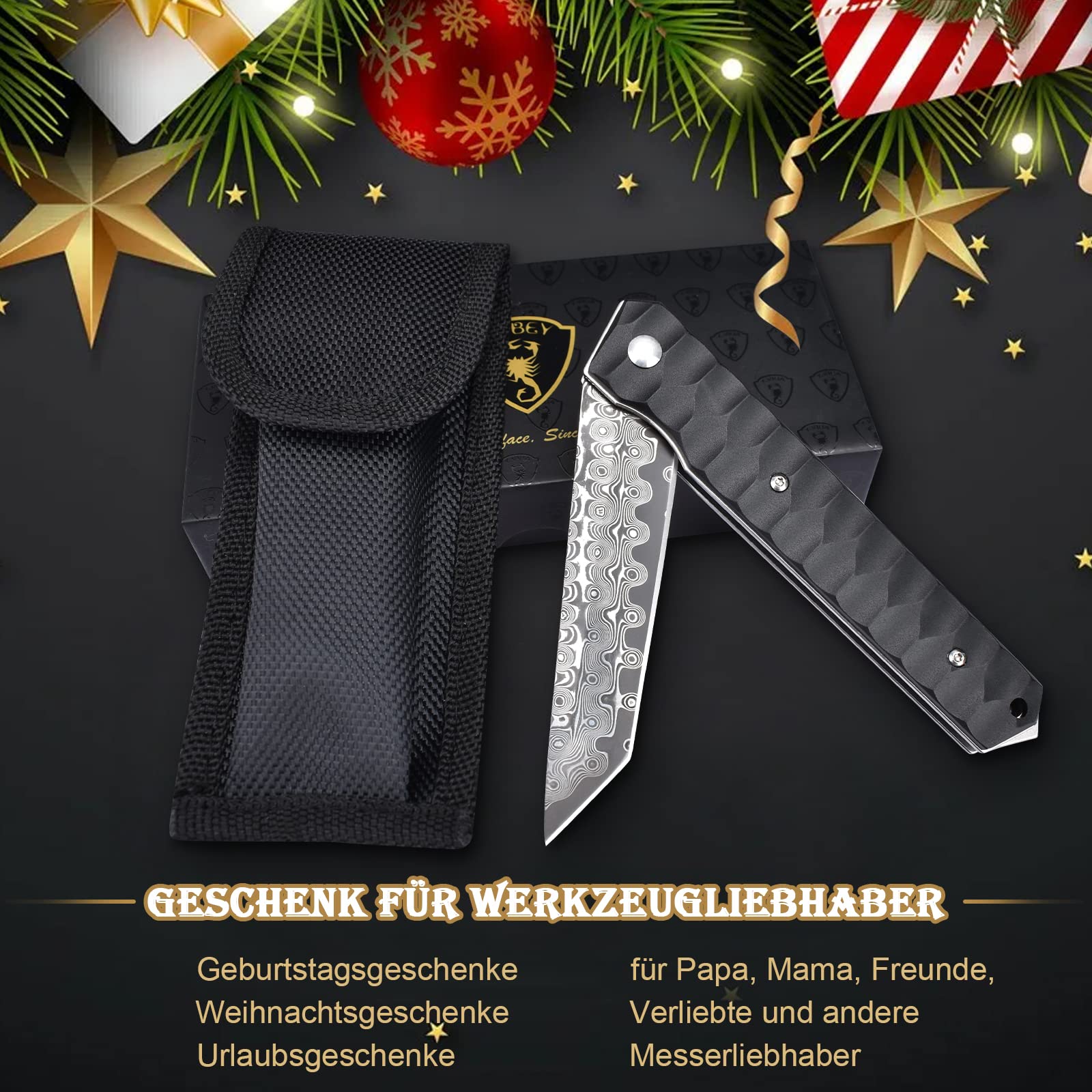 AUBEY Damast Taschenmesser Klappmesser mit Clip, Damaststahl Klinge Tanto Messer mit Flipper, Liner Lock, Aluminium Griff, Glasbrecher, Geschenkbox - Einhandmesser für EDC Jagd Camping Sammeln 7