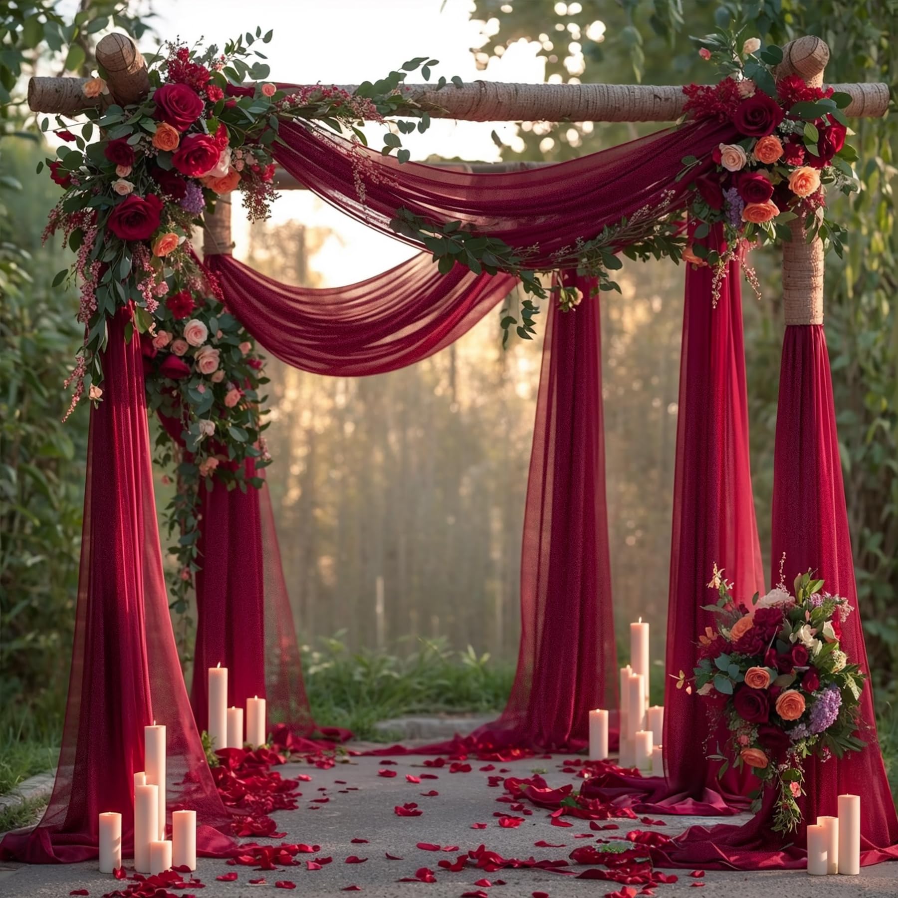 Photo 1 of PARTISKY Wedding Arch Draping Fabric, 2 Panels Burgundy Sheer Backdrop Curtain Tulle Fabric Drapery for Arbor Wedding Archway Ceremony Party Ceiling Decor Backdrop