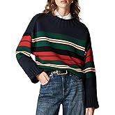 SeeLuNa Oversized Sweaters for Women Roll High Neck Hem Long Sleeve Soft Chunky Cable Knit Striped Pullover Tops Outerwear(Striped-Navy,M)