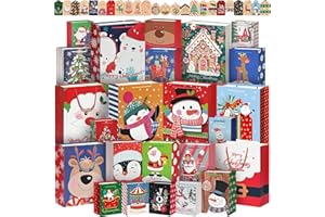 WLUSEAXI 24Pack Christmas Gift bags Assorted Sizes with 24 Gift Tags,Christmas Paper Bags with Handle,8 Large 8 Medium 8 Small Holiday Gift Bags for Kids, Xmas Presents,Xmas Party Favors
