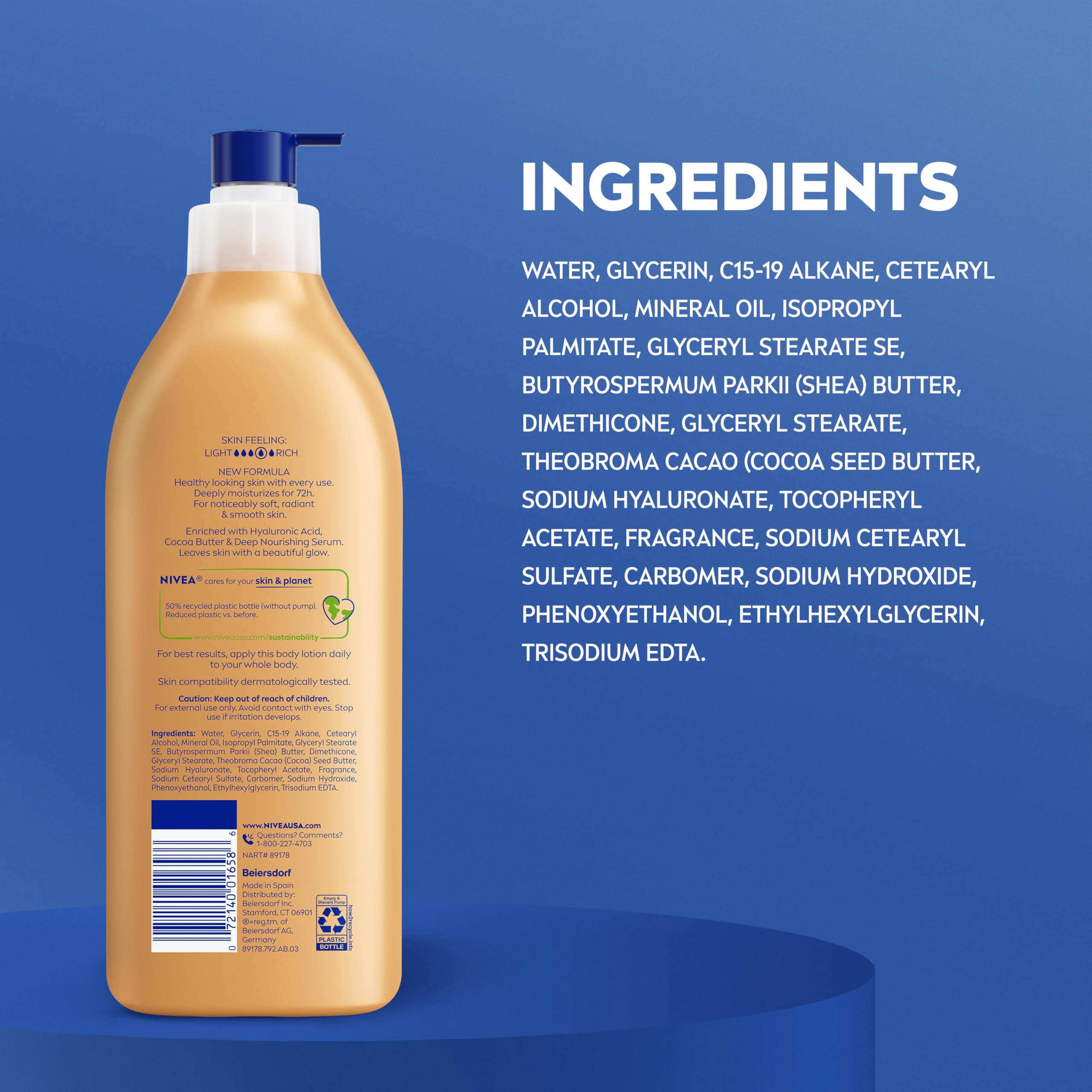 NIVEA Cocoa Butter Body Lotion for Dry Skin with Hyaluronic Acid, Cocoa Butter and Deep Nourishing Serum, 72-Hour Body Moisturizer, 16.9 Fl Oz Pump Bottle