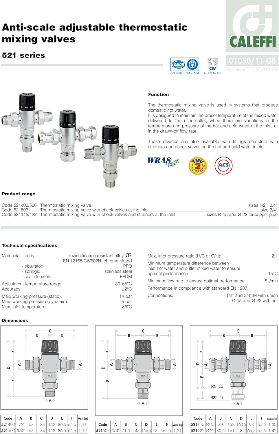 Caleffi 521500 Mitigeur Thermostatique Réglable 3/4'' 30 - 65 °C à Faible Adhérence du Calcaire