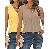 EyMuse Womens Tank Tops V Neck Basic Solid Color Casual Flowy Summer Fashion Loose Sleeveless Comfort Colors T Shirts,Yellow,Khaki,XXL