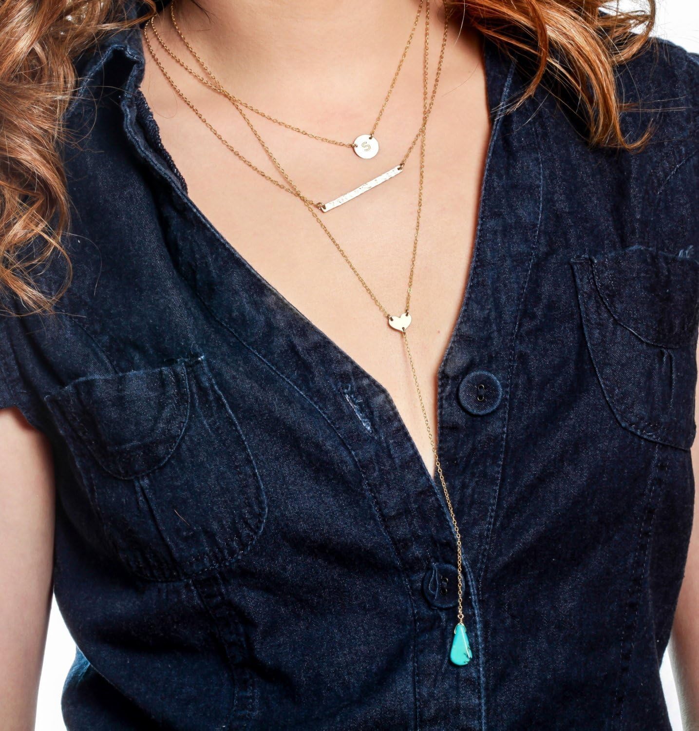 Layer Three Necklaces - Silver Rose Gold Long Lariat Necklace - Layered Necklace Initial Heart Hammered Bar with Gemstone Drop Necklace