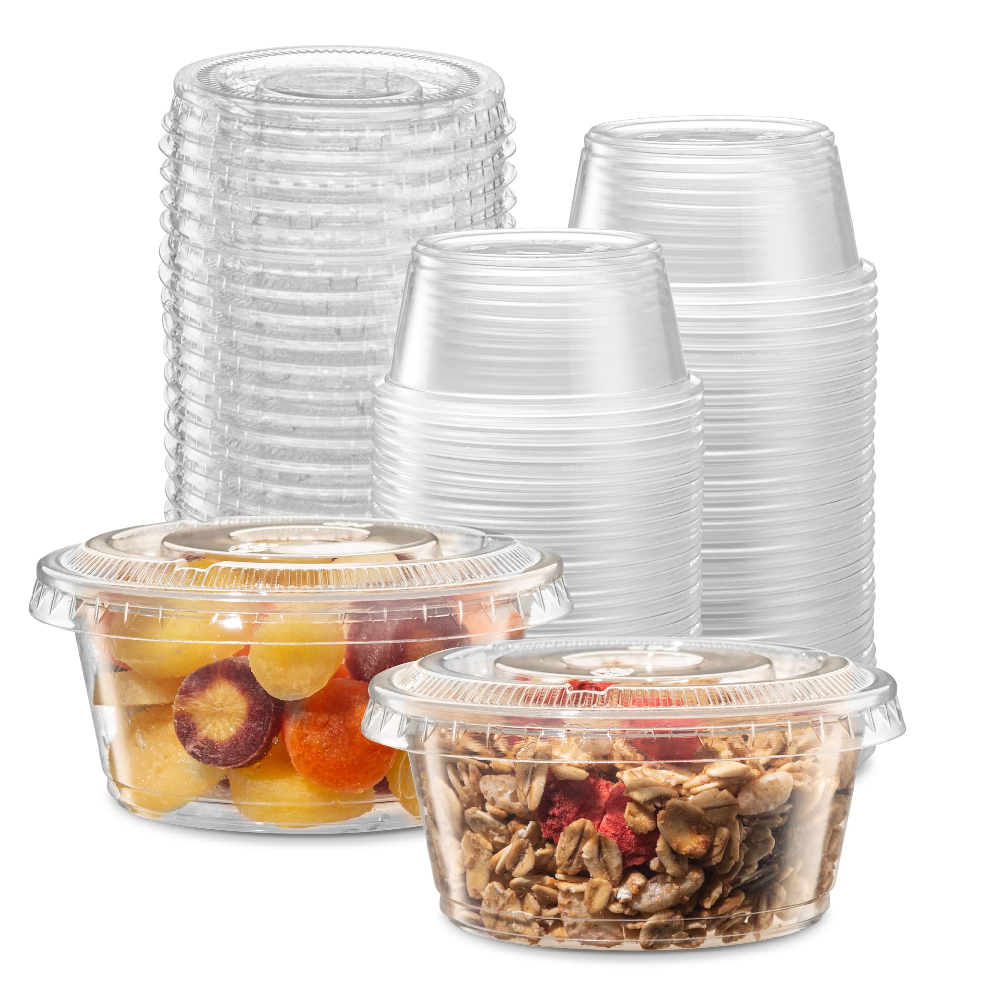 Photo 1 of (3.25 oz - 100 Sets) Clear Diposable Plastic Portion Cups With Lids, Small Mini Containers For Portion Controll, Jello Shots, Meal Prep, Sauce Cups, Slime, Condiments, Medicine, Dressings,