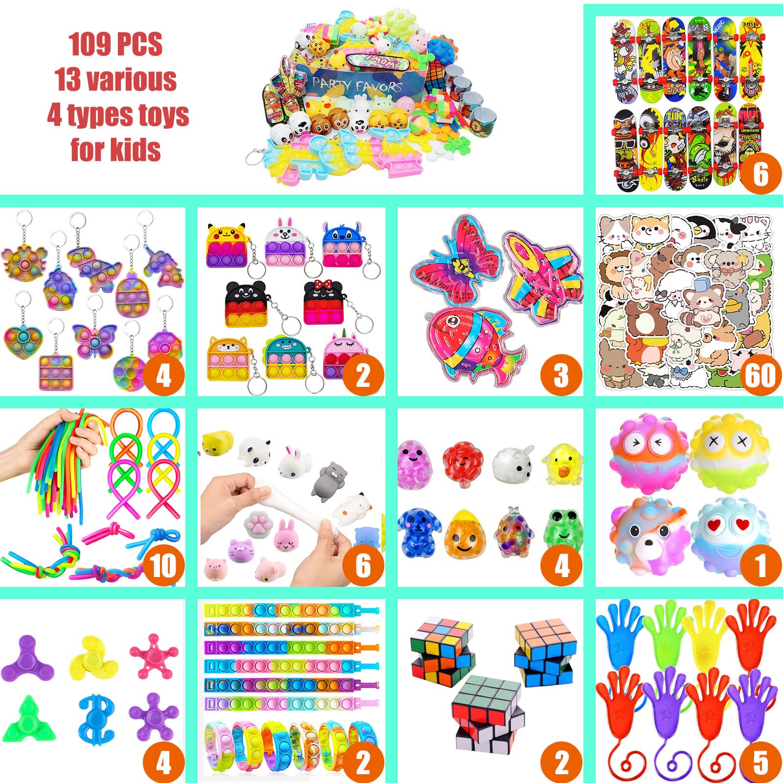 109 PCS Premium Party Favors Toys for Kids,Assortment Mini Pop Fidget it Toys for All Ages Kids,Classroom Prizes,Treasure Chest, Prize Box Toys, Goody Bag Fillers,Carnival Prizes for Boys Girls 4-10