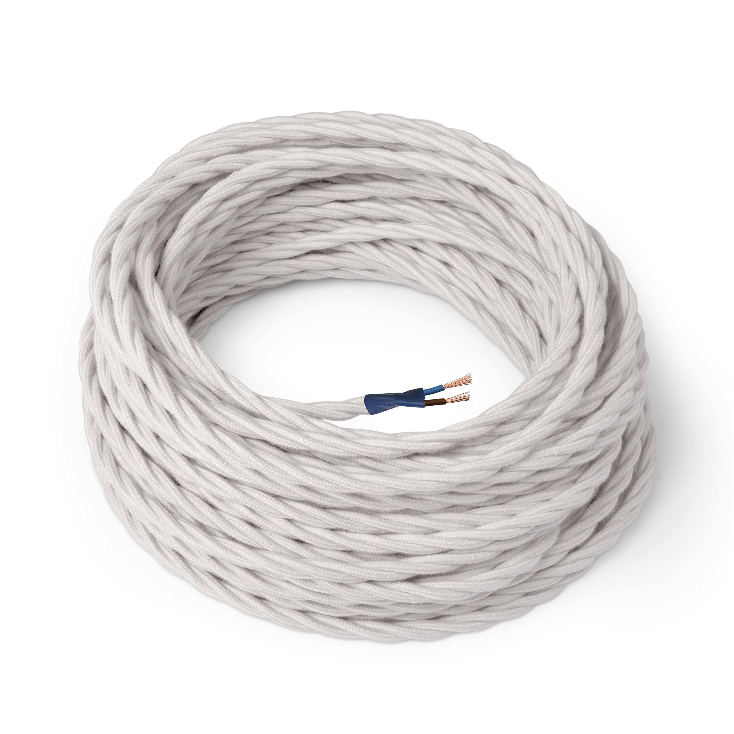 Amarcords - textile color WHITE electric cable, braided, cotton, 10 meters, 2 conductors 2x0.75 - Wire coated in colored vintage fabric for chandeliers and lamps applique lampshades.