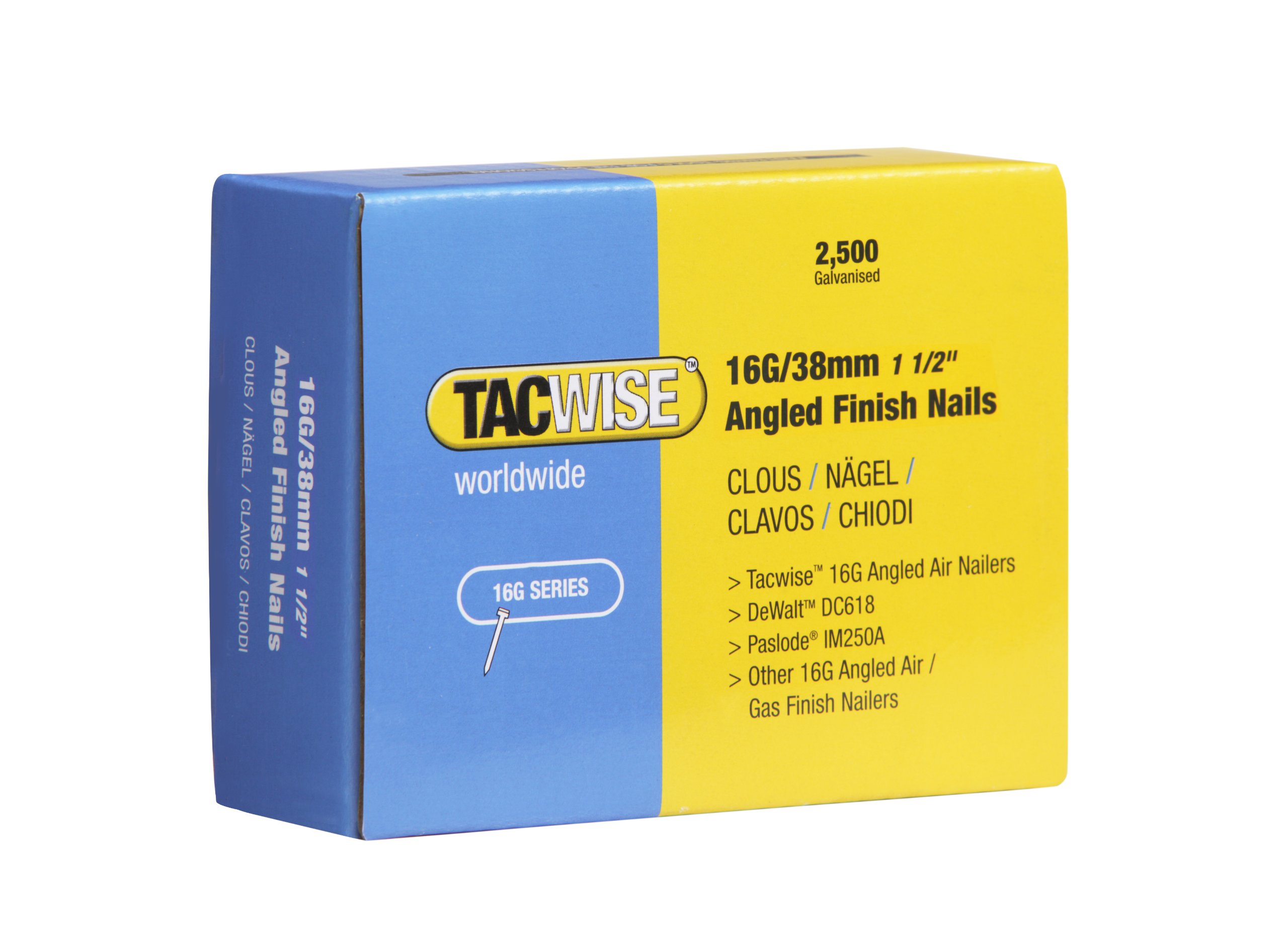 Tacwise 0770 Type 16G / 38 mm Galvanised Angled Finish Nails, 20° Inclined, Pack of 2500