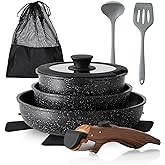 DishDelight Removable Handle Pots and Pans, 10 Piece Cookware Set Non Stick | Pot with Detachable Handle Set, Kitchen Induction Compatible, Black Granite Non-Toxic, Stackable RV Cookware Sets for Camping