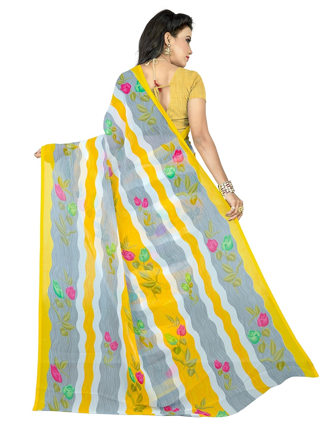 jaanvi fashion women's chiffon floral printed saree (yellow)