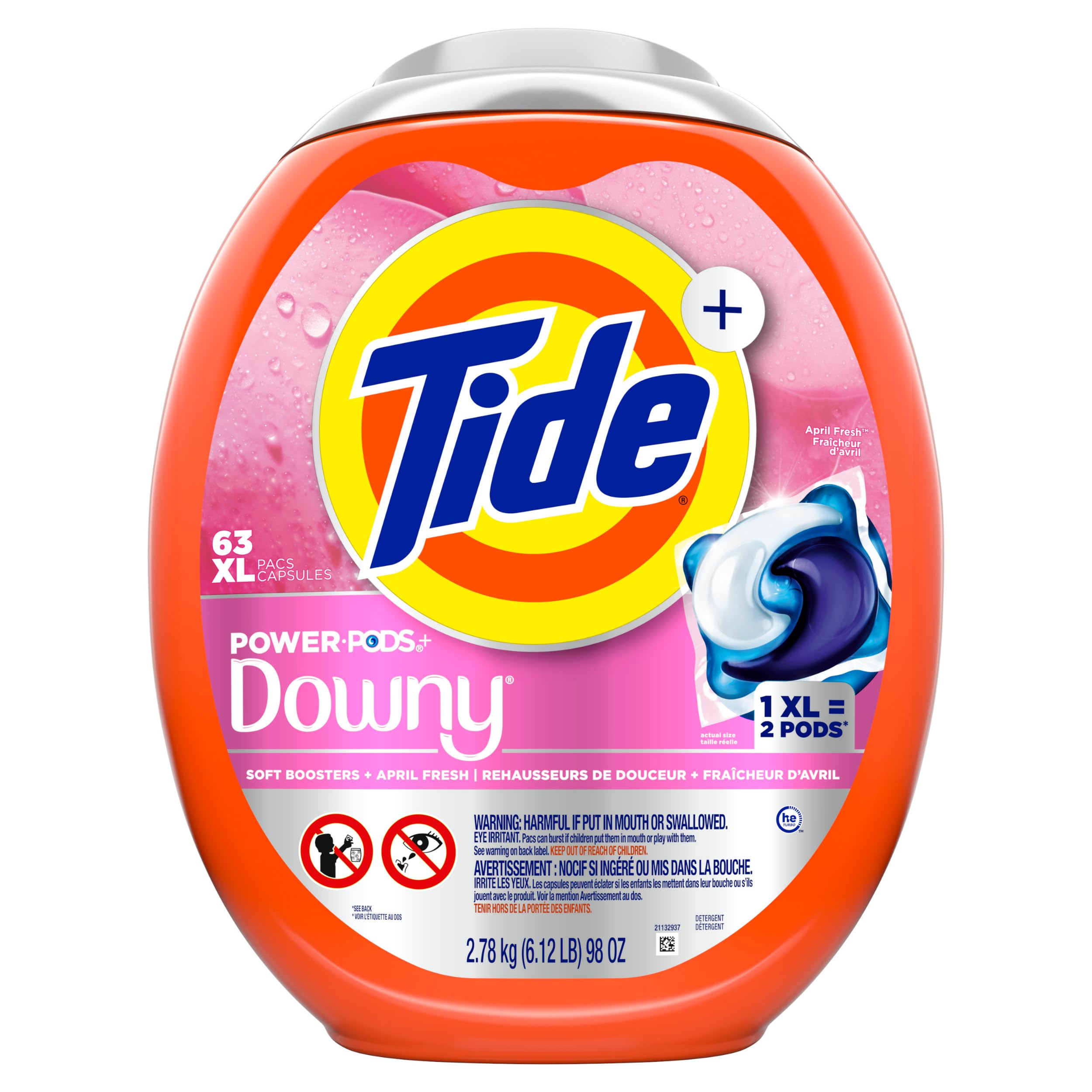 Tide Power PODs 2-in-1 Laundry Detergent Pods with Downy Soft Boosters, Lasting Freshness with April Fresh Scent, 63 Count