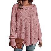 SHENHE Women's Boat Neck Oversized Sweater Hollow Pointelle Knit Dolman Sleeve Fall Sweater