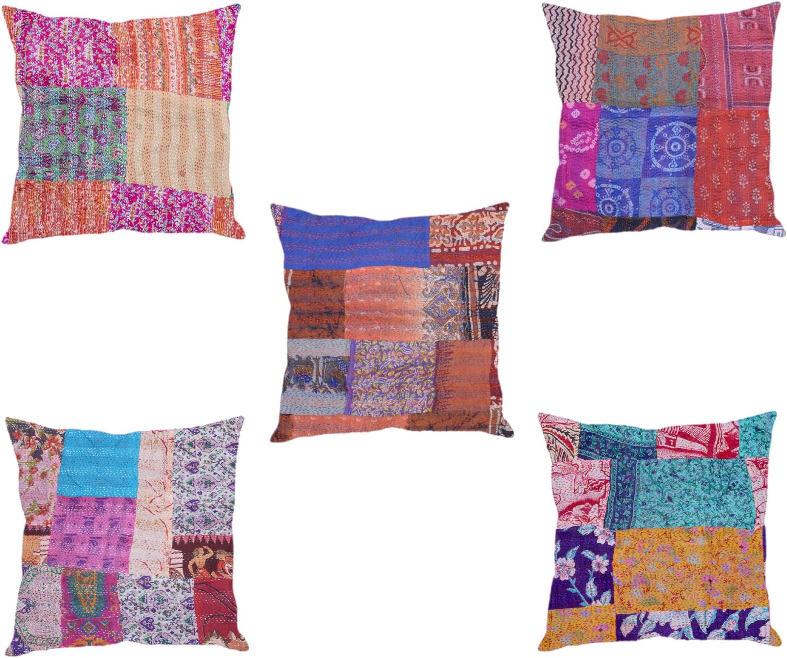 Indistar Set of 5 Throw Pillow Cover | Silk Patchwork Cushion Covers with Traditional Indian Kantha Work | Decorative Cushion Covers, 18 x 18 Inch
