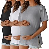 Ficerd 3 Pack Women's Maternity T Shirts, Short Sleeve Side Split Pregnancy Tops Casual Crew Neck Pregnant Tees Mama Clothes