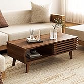Furniway Mid Century Modern Coffee Table, Wood Coffee Table with Storage, Farmhouse Table for Living Room, Apartment, Walnut