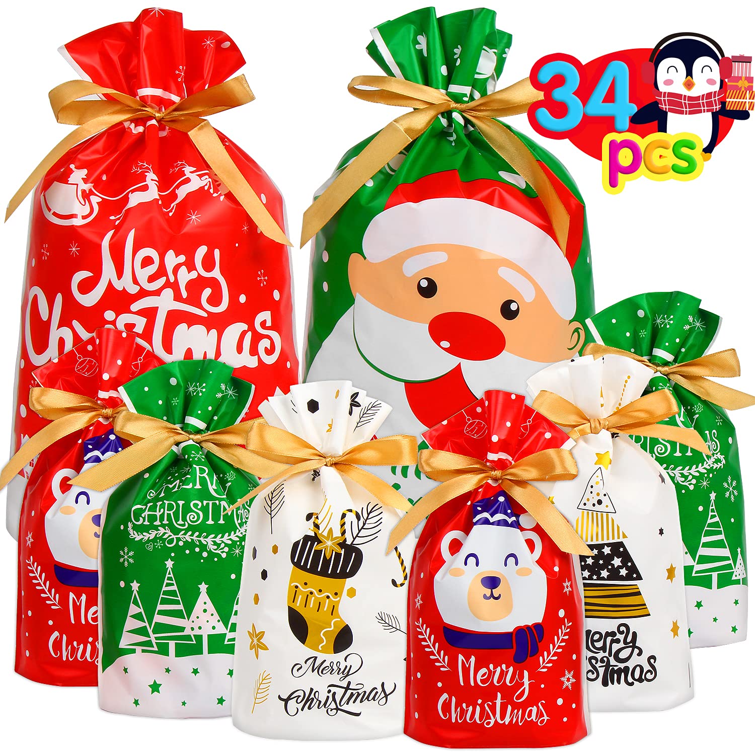 VEYLIN Christmas Drawstring Bags, 34 PCS Xmas Present Gift Bags Assorted Sizes Gift Wrapping Bag with String for Christmas Party
