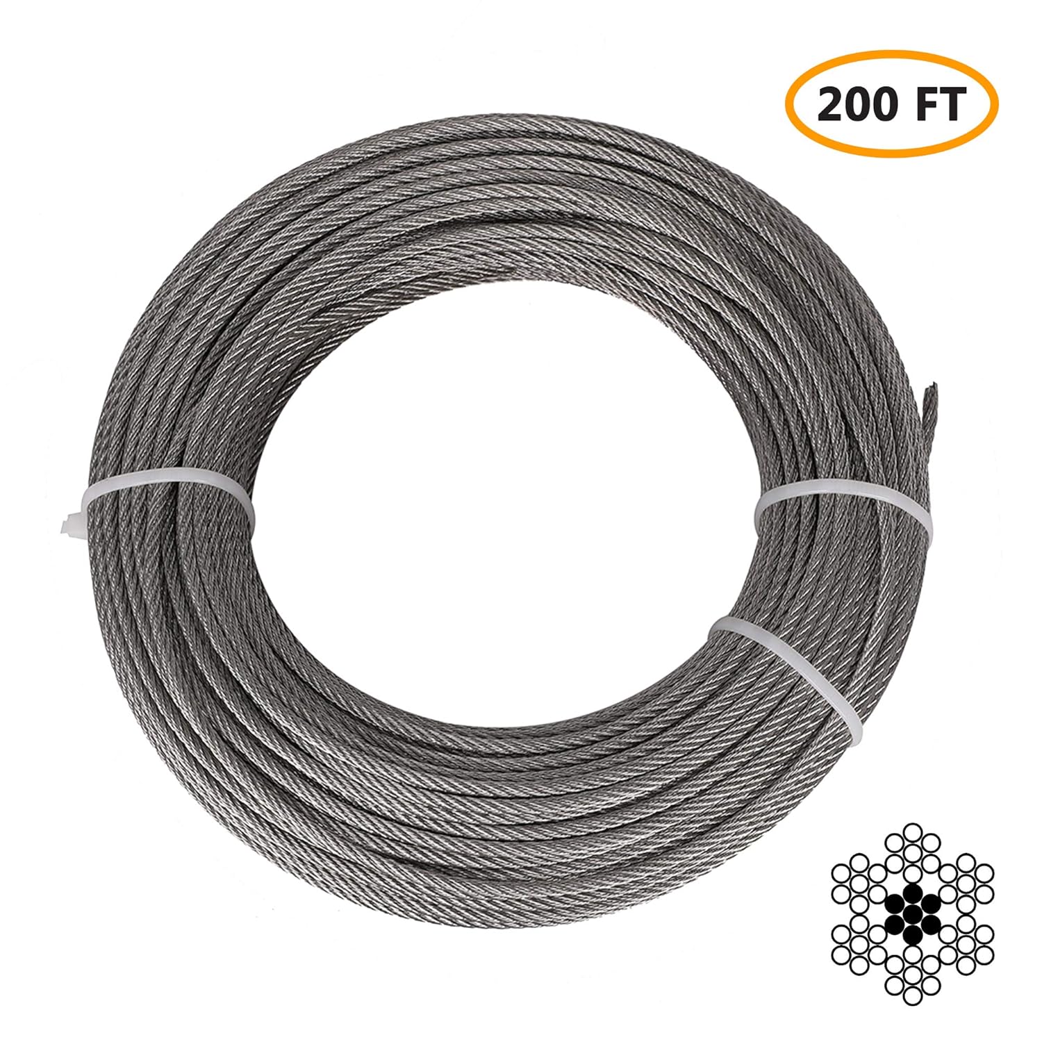 1/8" Stainless Steel Aircraft Cable, Marine Grade T316 Stainless Steel Wire Rope, Steel Cable for Deck Railing Stair Railing & DIY Balustrade, 7x7 Braided, 200FT