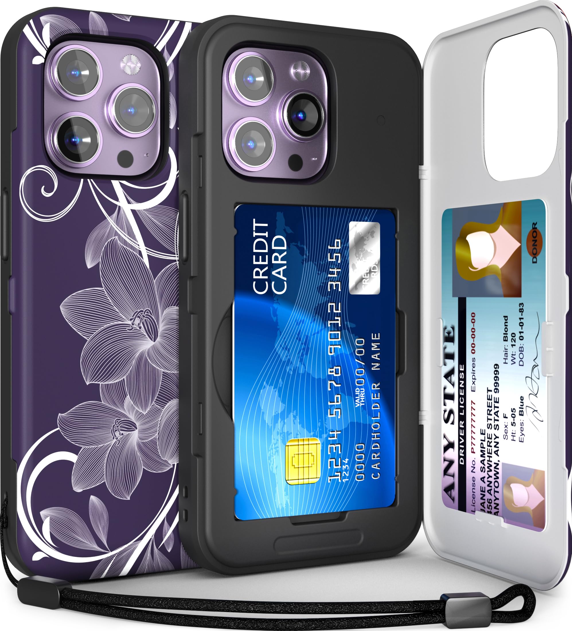 TORU for iPhone 14 Pro Max Wallet Case with Card Holder, Hidden ID Credit Card Slot Flip Kickstand, Slim Fit Shockproof Heavy Duty Phone Cover with Strap - Floral Pattern Flowers