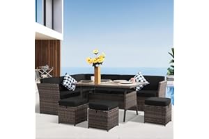 YOCONYO Patio Furniture Set, 7 Pieces Patio Dining Set, All Weather Outdoor Wicker Conversation Loveseat Set with Dining Table, Ottoman in Brown Rattan Black Cushions
