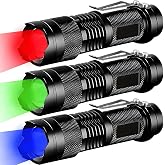 MVIOCS 3 Pack Red Green Blue Light Bright Small Flashlights, LED Mini Flashlight High Lumens Pen Light with 3 Modes, Zoomable Torch with Clip, Flashlight for Camping,Outdoor,Emergency