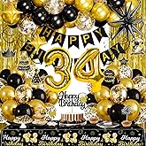 Black and Gold 34th Birthday Decorations for Men Women, Gold Party Decorations include Happy Birthday Banner, Tablecloth, Fringe Curtains, Star Foil Balloons for 34th Birthday Decorations